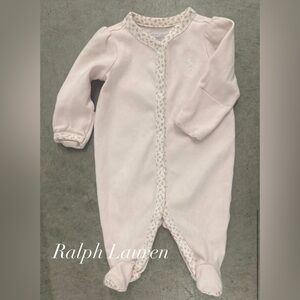 Ralph Lauren Pink One Piece w Floral Trim, Footies, Logo, and Zip Closure NB